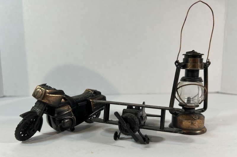 VINTAGE METAL FIGURAL PENCIL SHARPENERS LOT 3 MOTORCYCLE PLANE LANTERN HARLEY