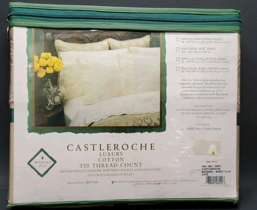 Sábana Plana Waterford Castleroche Bordada Queen Café Algodón NUEVA Foto 3 de 4