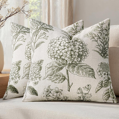 Set of 2 Decorative Floral Neutral Pillow Covers 18X18 Inch Light Green Hydrange
