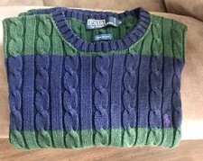 Vintage Polo Ralph Lauren Sweater Mens M Green Navy Striped Cable Knit Cotton