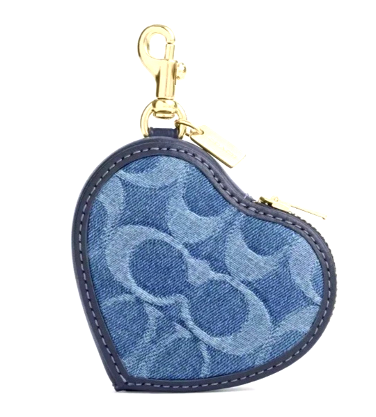 💙COACH Heart Bag Charm In Signature Denim Indigo/Gold CDF55 BRAND