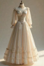 Vintage Victorian Wedding Dress High Collar Long Sleeves A-Line Floor Length