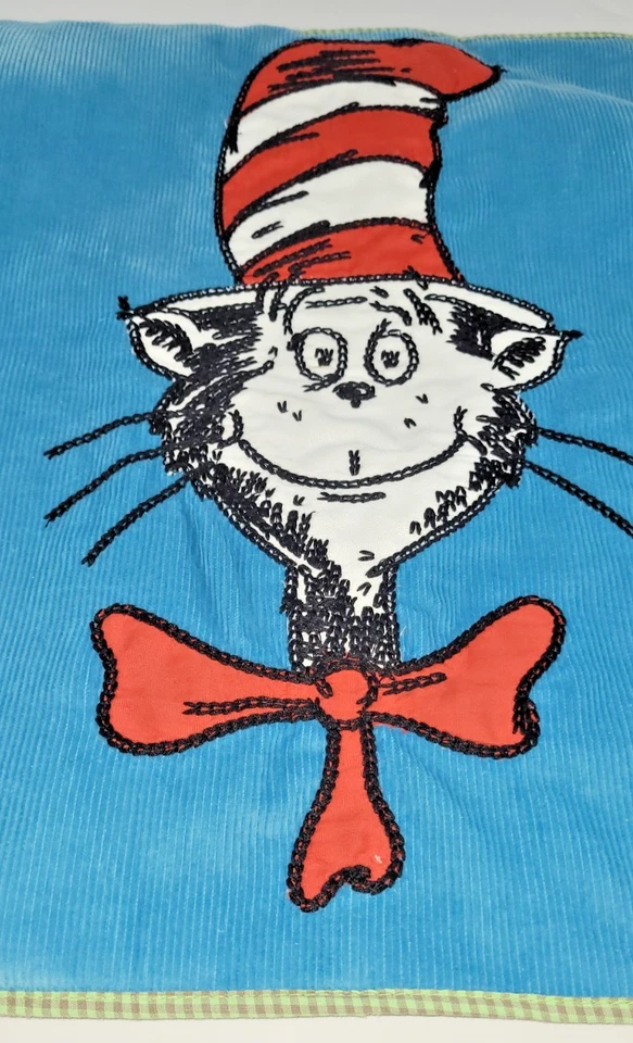 Pottery Barn Kids Dr Seuss Cat in Hat Pillow Cover Sham Decor Blue Gingham Green - Image 2 of 4