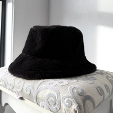 Women Black Fluffy Faux Fur Bucket Y2K Warm Winter ski Womens Hat Cap