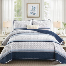 Striped Quilt Set King Size, Navy Blue Boho Striped Patchwork Leaves Printed Bed