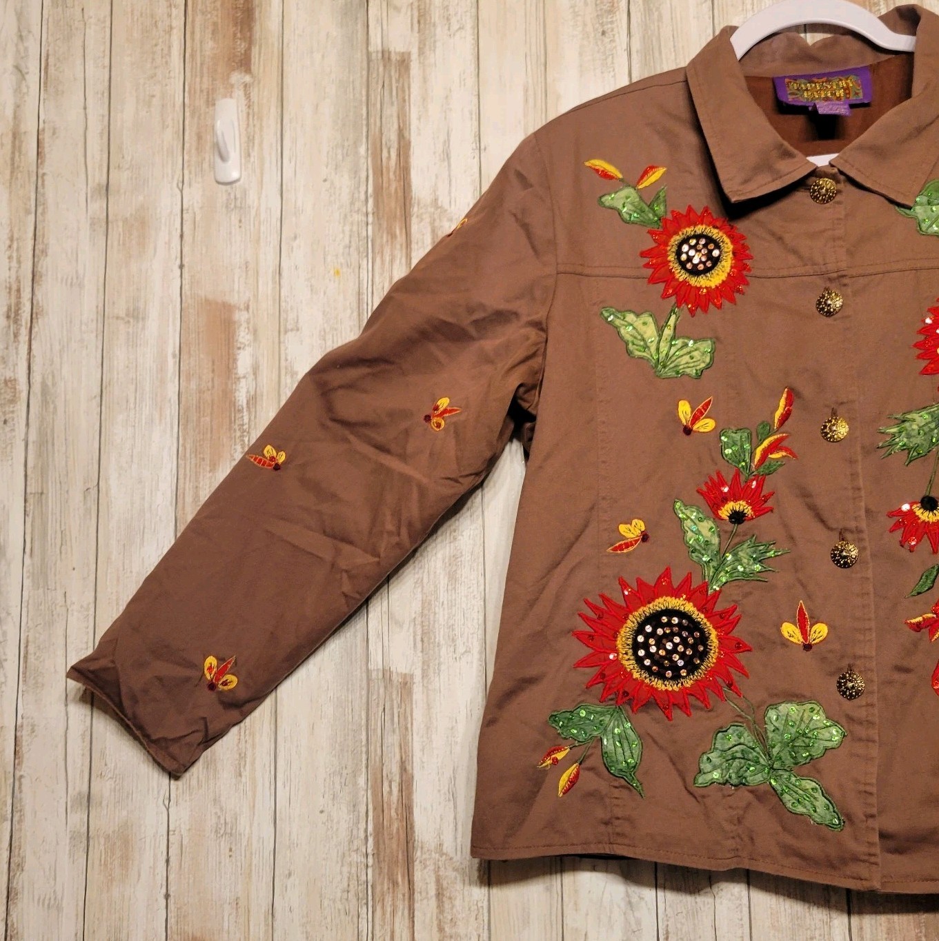 Tapestry Patch Brown Jacket Sequin Sunflowers & D… - image 2