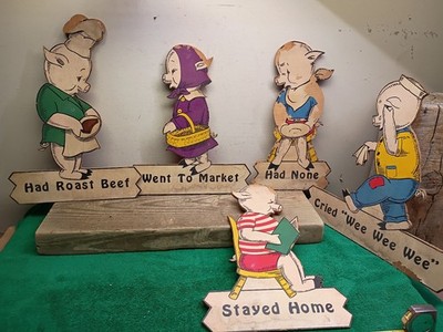 5pcs 1940's Vintage Nursery Rhymes Wooden Cut Out Wall Plaques 3 Little Pigs!