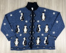 Vintage Hand Knit Penguin Embroidered Wool Cardigan Sweater XL Christopher Banks