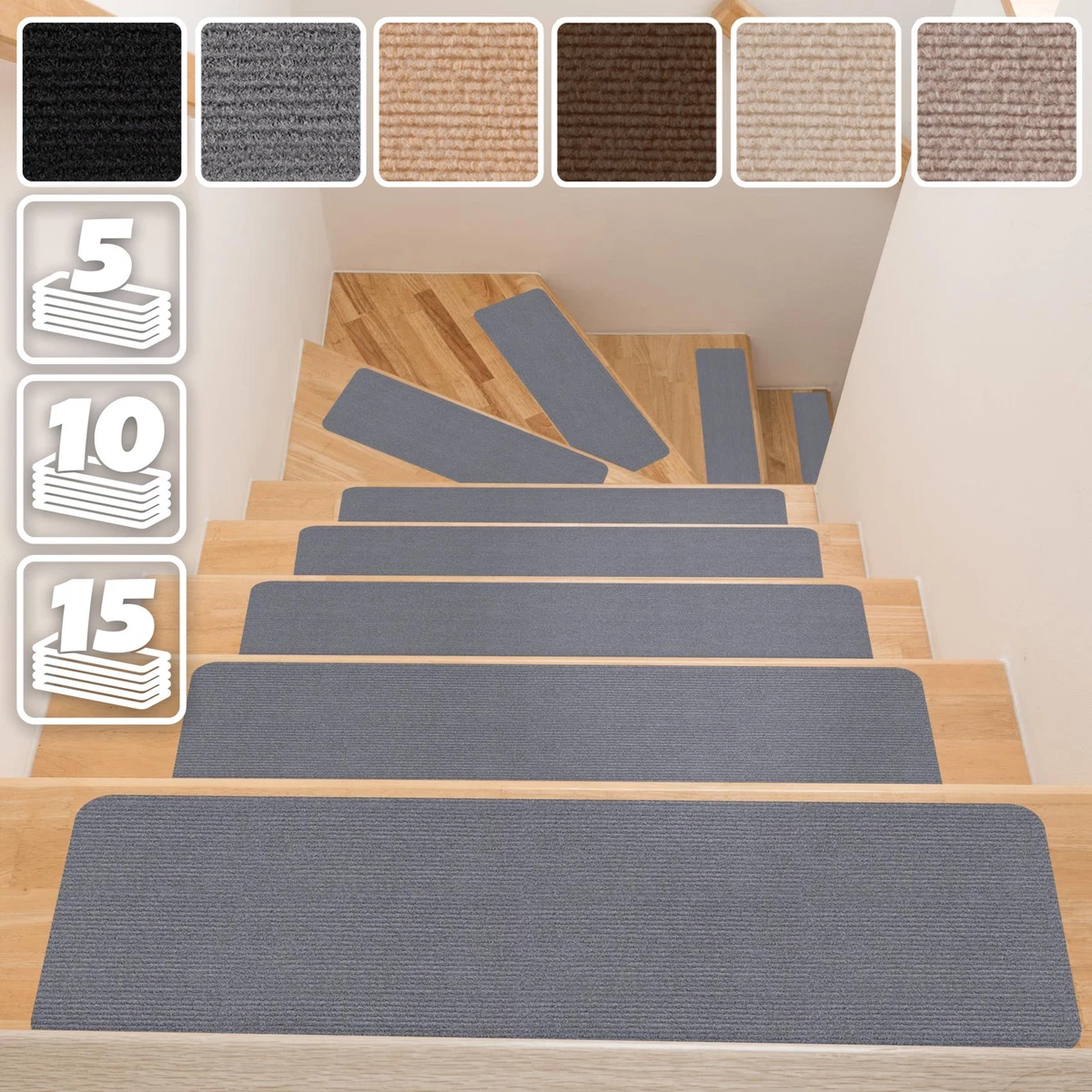 Set Da 5 Tappetini Autoadesivi Per Gradini Di Scale 54 Cm Colore Grigio Chiaro Vidaxl