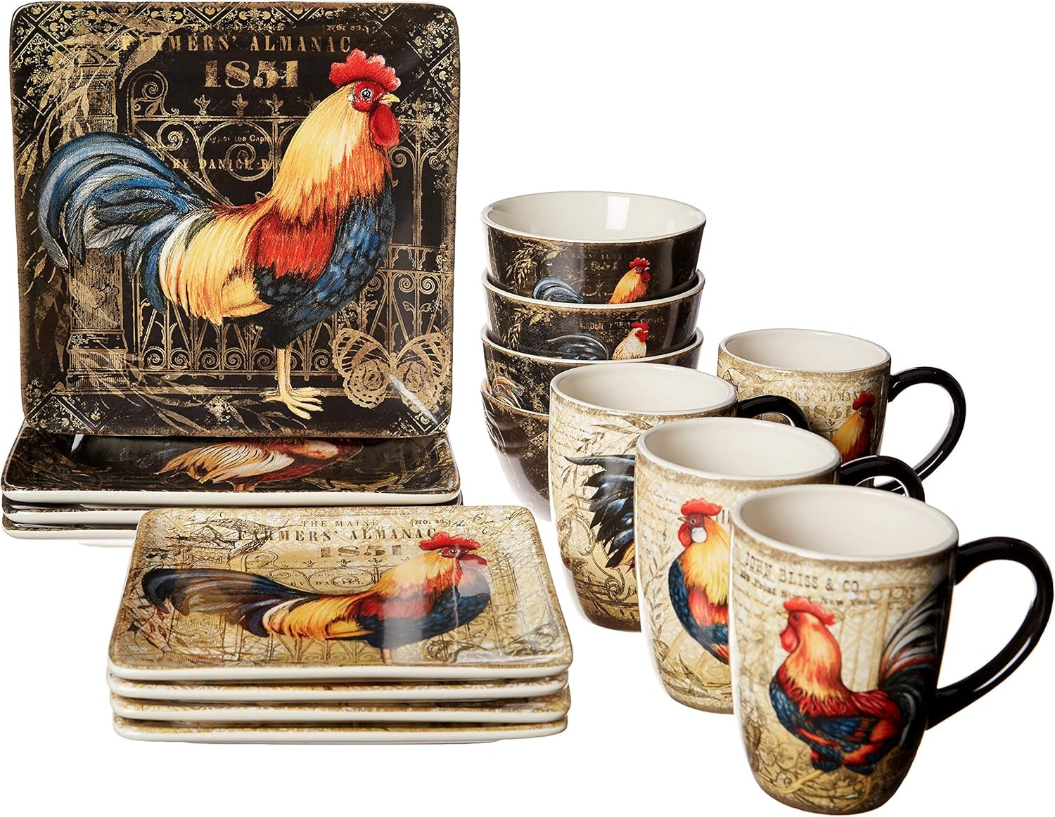 Gilded Rooster 16 Pc Dinnerware Set, Service for 4