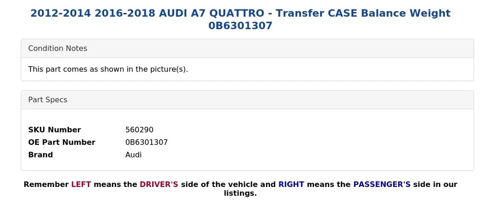 AUDI A7 QUATTRO 2012-2014 2016-2018 - ESTUCHE DE TRANSFERENCIA equilibrio peso 0B6301307 Foto 3 de 4