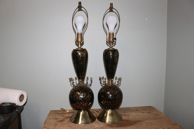 Pair Vintage MCM 1950's Atomic Sputnik Black & Gold Table Lamps WORKING & NICE