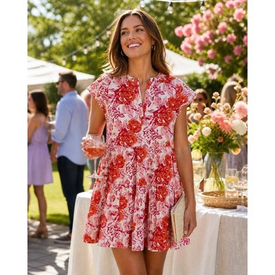 JUDE CONNALLY Libby Mini Dress Red Pink Small NEW Floral Cotton Gardencore