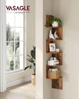 VASAGLE Corner Shelf Wall Mount 5-Tier Floating Bookshelf for Bedroom Office New