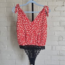 Intimately Free People Romantic Red Leopard Print Bodysuit Lace Tie Straps