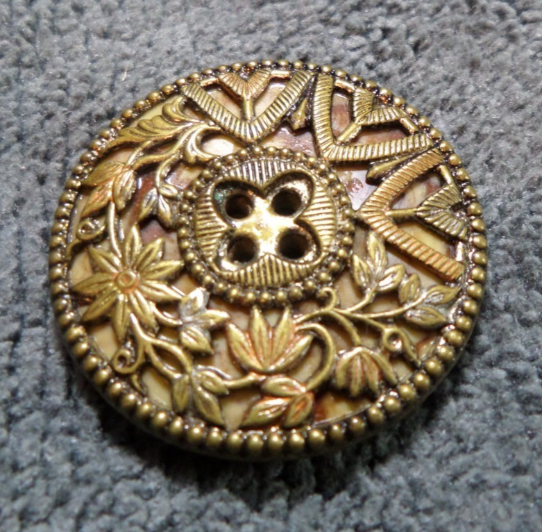 Vintage Antique Victorian Metal & Celluloid Button Fancy Design