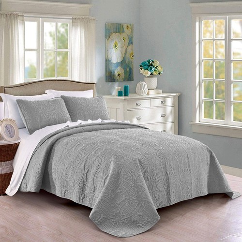 Pure Bedding Quilt Set Full/Queen Size Light Grey - Oversized Bedspread - Soft