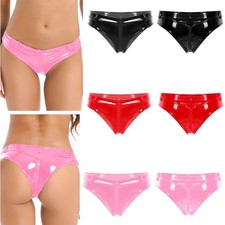 Women's Shiny Leather Thongs Underwear Low Waist Zipper Crotch Panties Clubwear