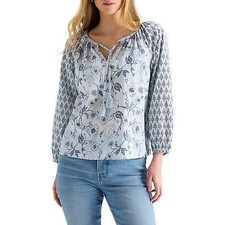 Lucky Brand Notch Collar Long Sleeve Blouse Blue Floral Women's Size Medium M