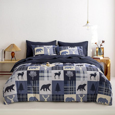 Rustic Cabin Lodge Comforter Set with Sheets, 7-Piece Queen Size, Blue Beige