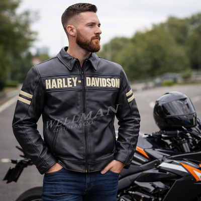 【セール中】Harley-Davidson バイカー用ジャケット Harley Davidson Men's Black Motorcycle Biker Jacket Real Cowhide