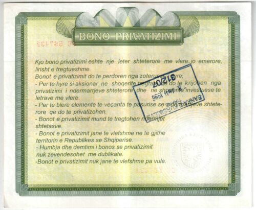 Bonos de privatización de Albania 10000 leke 1996, XF. Papel moneda raro - Imagen 2 de 2