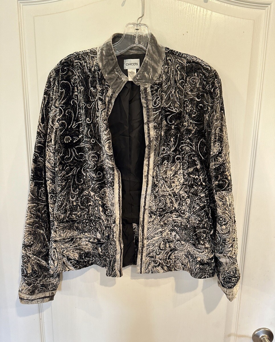Chicos Rayon Silk Velvet Jacket Baroque Nikko Silver