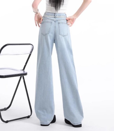 Pantalones de mezclilla para mujer azul claro pierna recta rasgados encaje punk pantalones encaje - Imagen 2 de 8