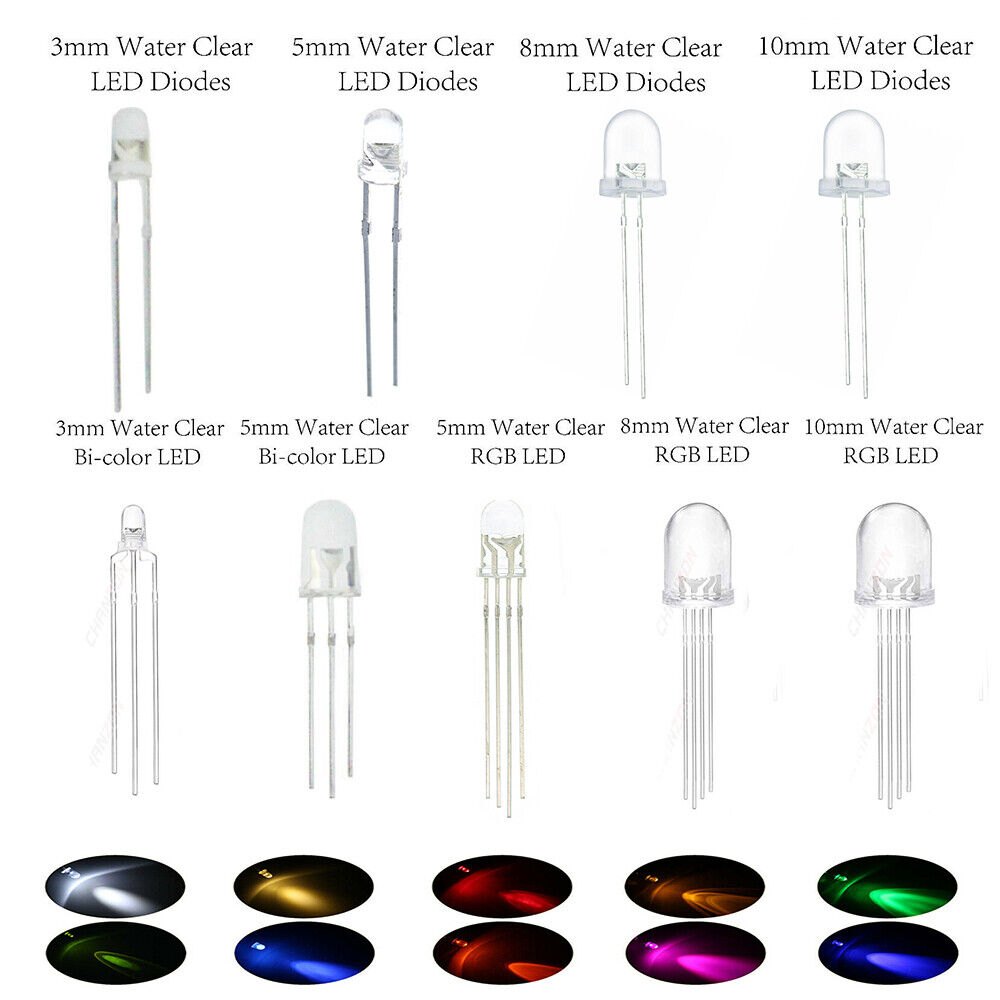 Sjældent Vild Utallige 3mm 5mm 8mm 10mm LED Light Emitting Diodes Clear White Red Blue Green RGB Lights | eBay Sjældent Vild Utallige 3mm 5mm 8mm 10mm LED Light Emitting Diodes Clear White Red Blue Green RGB Lights | eBay