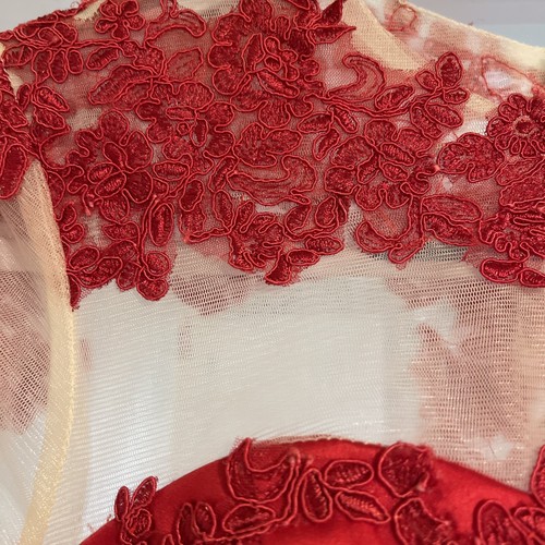 Vintage Hand Sewn Red Lace Appliqué Satin A-Line Cocktail Dress Size 5/6 - 第 3/10 張圖片