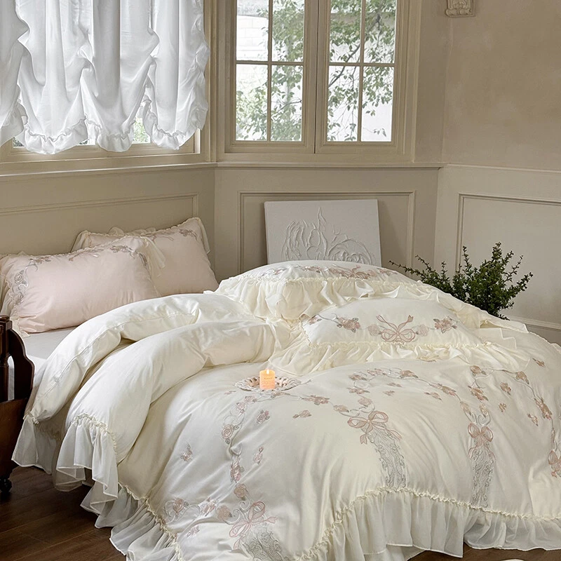 Bedding Set 4 Pieces Embroidery Lace Flower Duvet Cover Flat Sheet 2 Pillowcases - Image 2 of 4