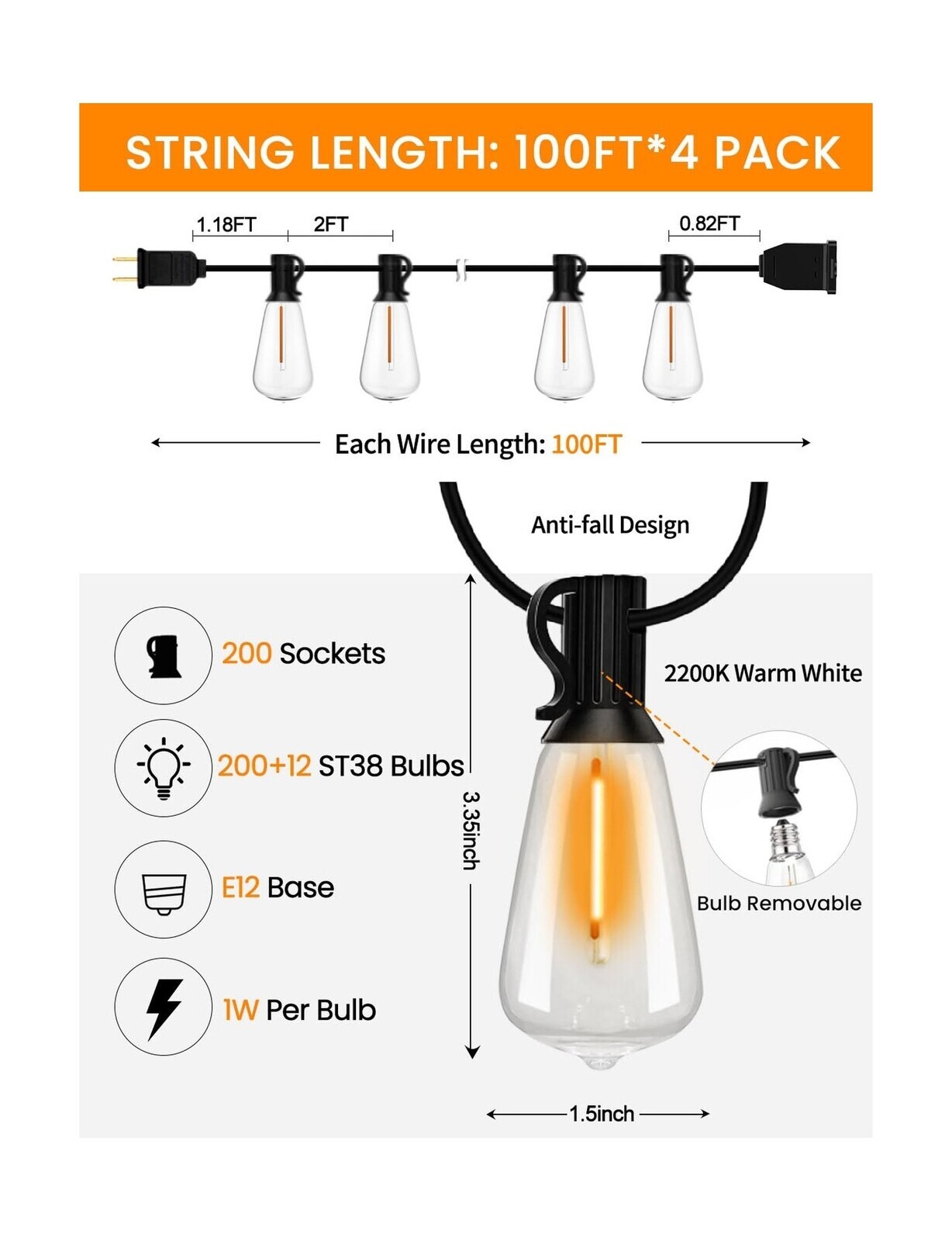 LED Outdoor String Lights 400ft Shatterproof Patio Lights with 212 Waterproof...