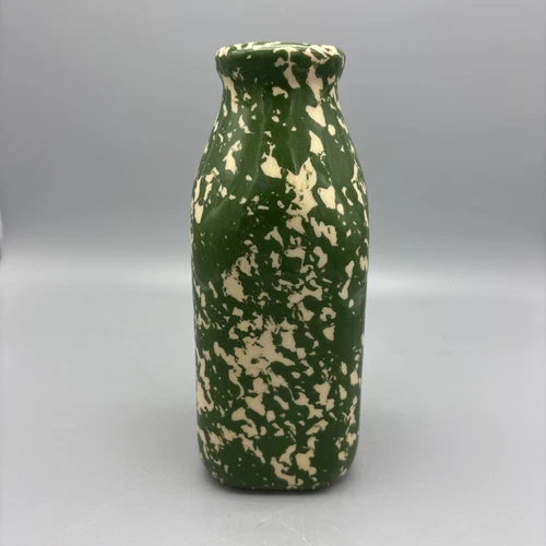 Alpine Pottery Roseville Ohio 1997 Milk Bottle Vase Green Spongeware 6.5”