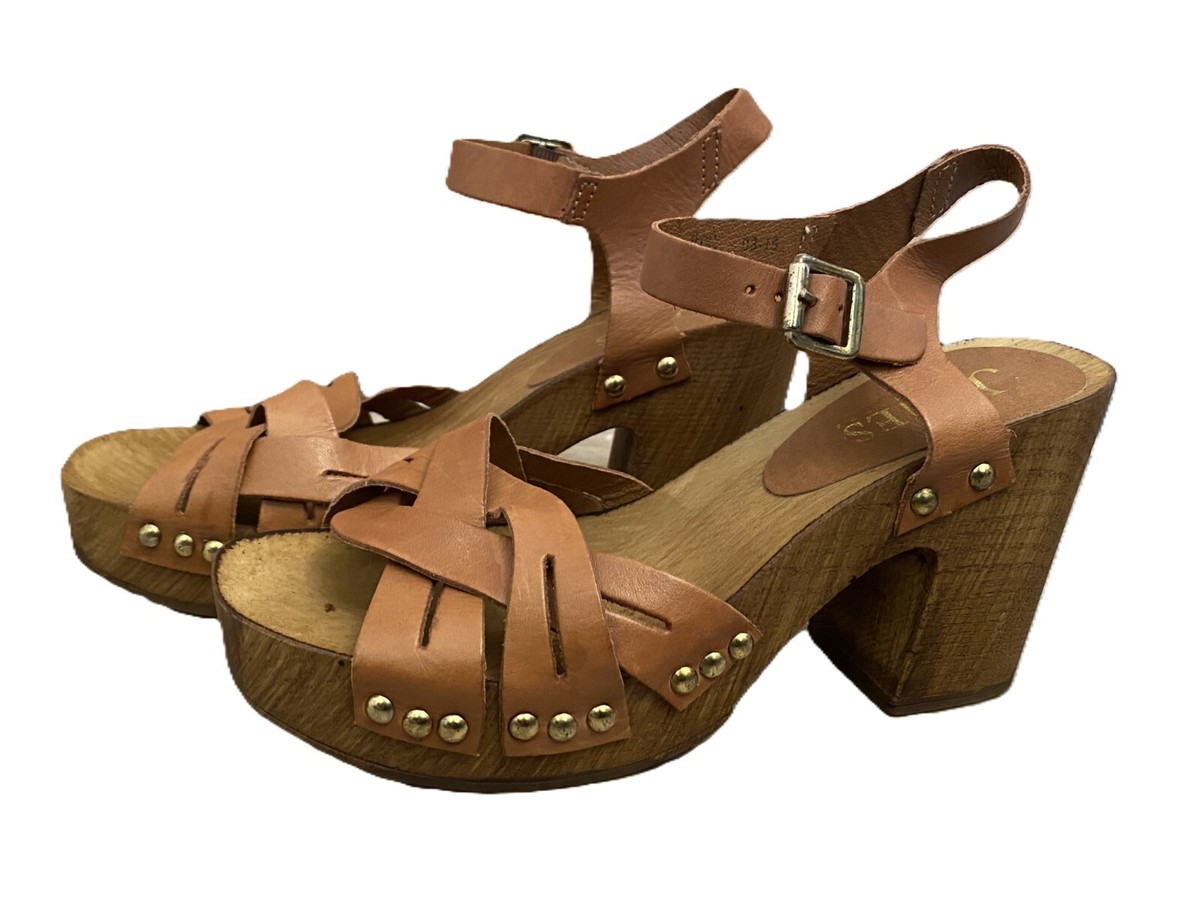 Jones Bootmaker Wood Block Heel Platform Tan Leather Strappy - Main Image