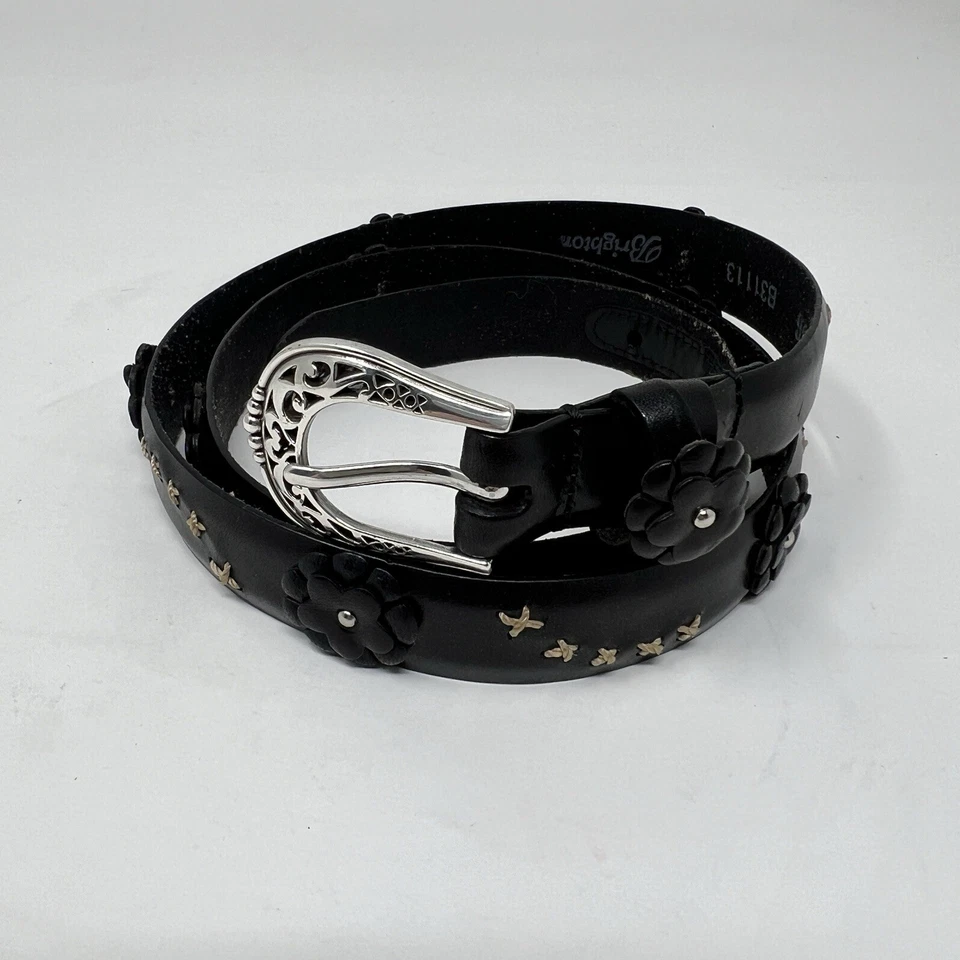 "Cinturón de cuero negro Brighton para mujer 36 bordado floral 3D hebilla plateada 1"" de ancho" Foto 2 de 4