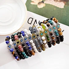 Hot Hamsa Hand of Fatima Natural Lava Stone Gold Silver Beads Man Lucky Bracelet