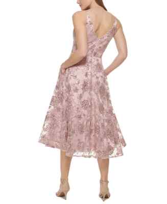 ELIZA J Pink Floral Sequin Embellished V-Neck Flare Midi Cocktail