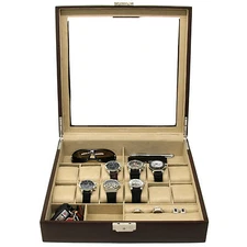 Valet Single Level Brown Leather XL Compartments Watch Jewelry Large Box