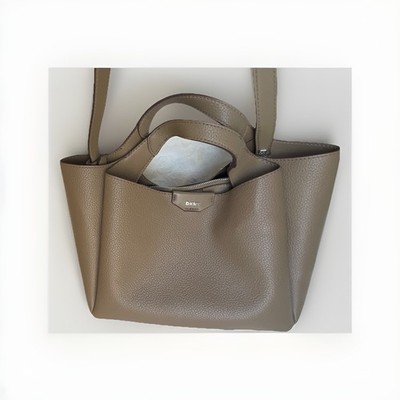 DKNY Taupe Pebbled Leather Tote Top Handle Zipper Accents Inner Pockets