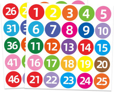 Color Consecutive Number Stickers 1-50, 2 Inch Vinyl Self Adhesive Removable Num