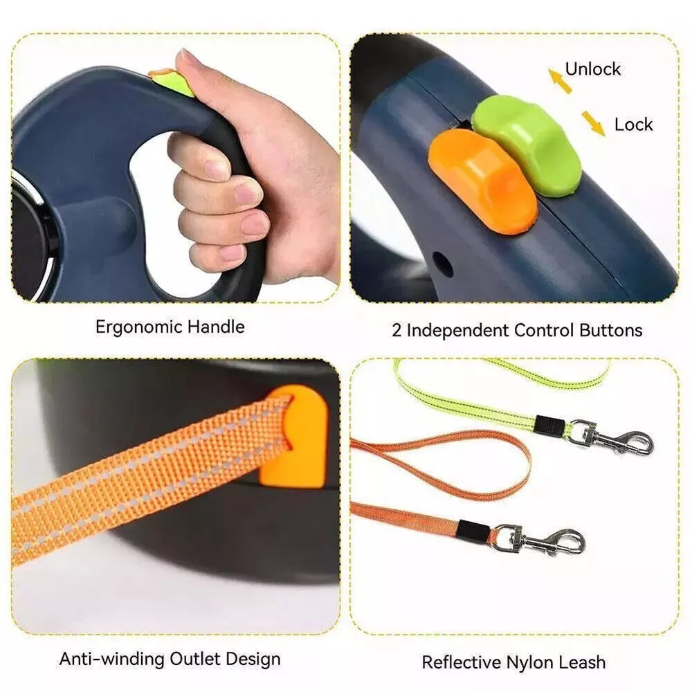 Retractable Reflective Dual Pet Leash Lead 360Swivel Double Dog Walking Leash US