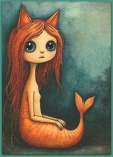 ACEO 2.5x3.5 watercolor painting - cat kitten mermaid fantasy surreal
