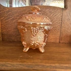 Vtg Jeanette Amberina Carnival Glass Footed Candy Dish With Lid-Grapes 6”x 5”