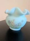 1978-1982 Fenton "Frosted Asters on Blue Satin" Rose Bowl Signed “Pam D”