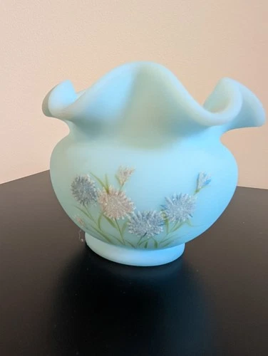 1978-1982 Fenton "Frosted Asters on Blue Satin" Rose Bowl Signed “Pam D”