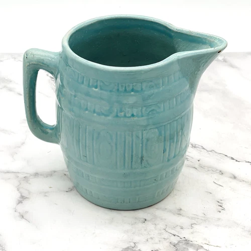 Vtg 1940s McCoy Art Pottery Stoneware Teal Turquoise Blue Barrel Pitcher 6.75"
