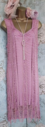 etam vintage pink crochet beaded tassel dress evening Gatsby 20s Deco flapper 18 - Picture 4 of 20
