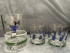 1987 Artmark Tennis Players 3-Pc Barware Set- Ice Bucket, 2 Glasses