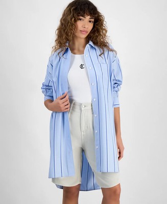 Calvin Klein X7547 Women's Striped Cotton Oversized Shirt, Chambray Blue, M