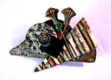 JO MARZ Brooch Vintage Multi Metal Green Jade Artisan Abstract Pin